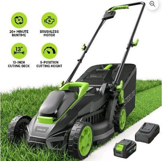 Steelite 13-Inch Cordless Electric Lawn Mower 20V Brushless Motor 5 Heights Adjustment 4.0Ah Battery & Charger Mulch & Bag Fold