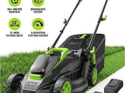 Steelite 13-Inch Cordless Electric Lawn Mower 20V Brushless Motor 5 Heights Adjustment 4.0Ah Battery & Charger Mulch & Bag Fold