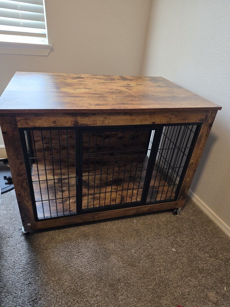 Wooden Furniture Style Dog Crate End Table with Caster Wheels - Rustic Brown