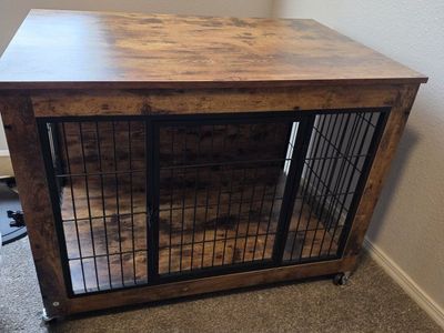 Wooden Furniture Style Dog Crate End Table with Caster Wheels - Rustic Brown