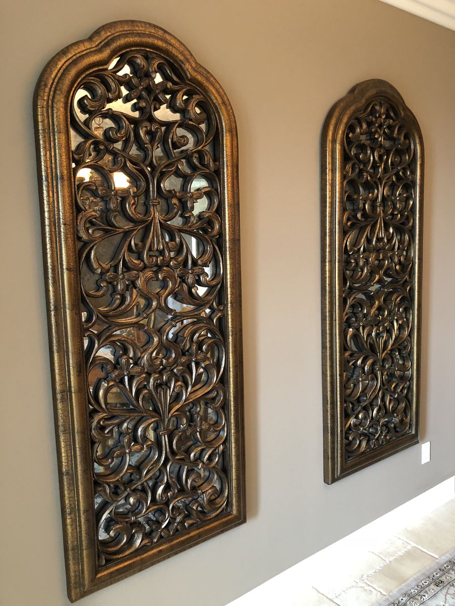 Pair of Arched Antique Gold Filigree Wall Mirrors with Scrollwork Accent Overlay