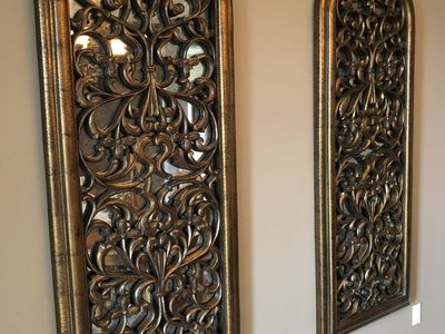 Pair of Arched Antique Gold Filigree Wall Mirrors with Scrollwork Accent Overlay