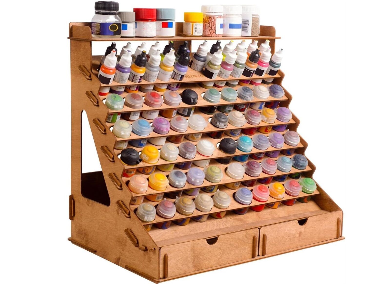 Paint Organizer: Holds 105 Bottles & 14 Brushes | Includes 6 Miniature Stands | Compact Storage Solution for Miniature Paints