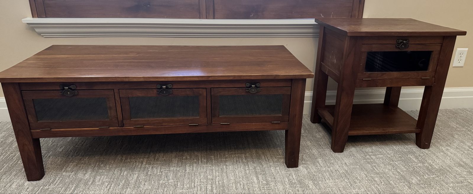 Pottery Barn Wooden Coffee Table with 3 Doors and Matching End Table