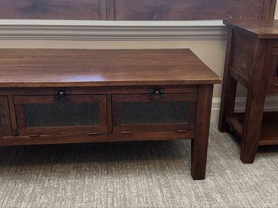 Pottery Barn Wooden Coffee Table with 3 Doors and Matching End Table