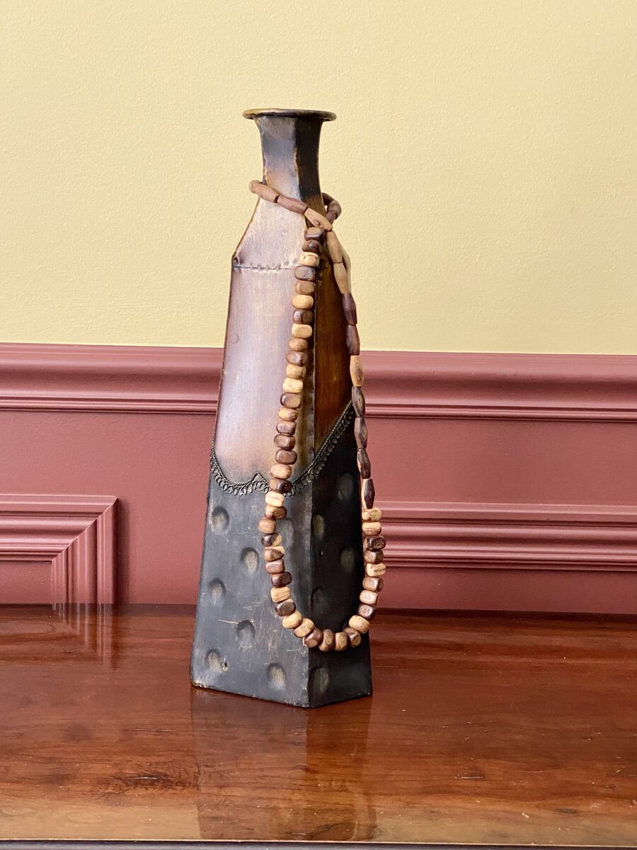 Designer Large Metal Textured Vase - Very Detailed - SZ 16 x 7 Unique Shape - See All Photos
