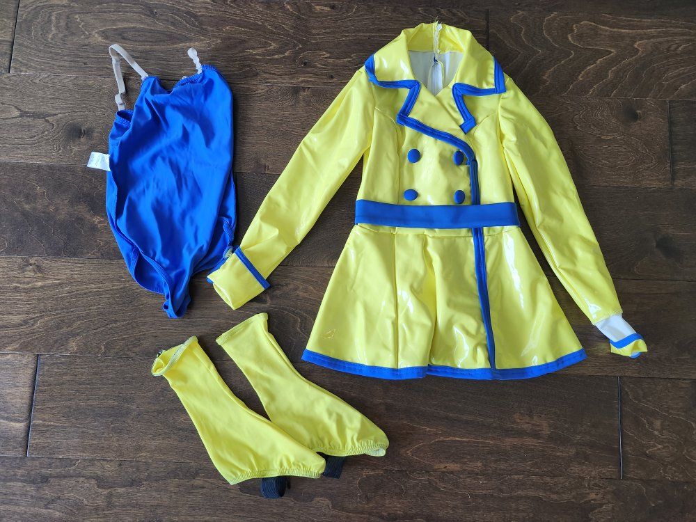Child's Yellow Raincoat Costume with Blue Accents, Bodysuit, and Boot Covers - Size 3-4, Girl