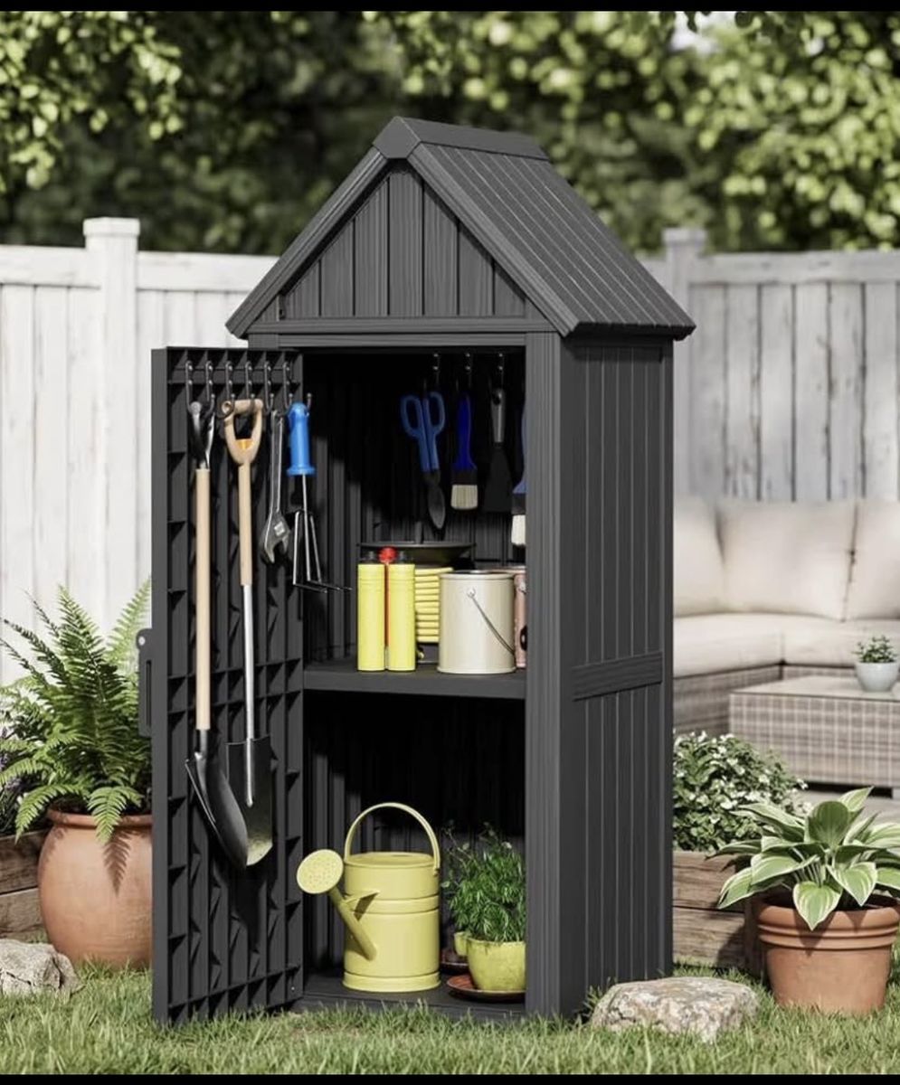 Outdoor Garden Storage Shed, Black, 64.2" x 25.8" x 22.1" Waterproof UV Protected Resin Cabinet