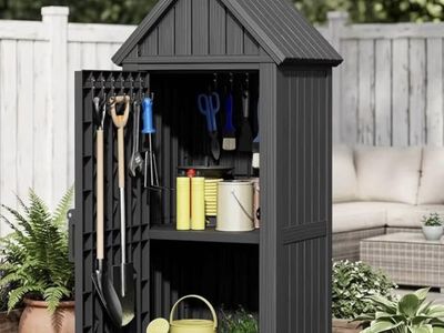 Outdoor Garden Storage Shed, Black, 64.2" x 25.8" x 22.1" Waterproof UV Protected Resin Cabinet