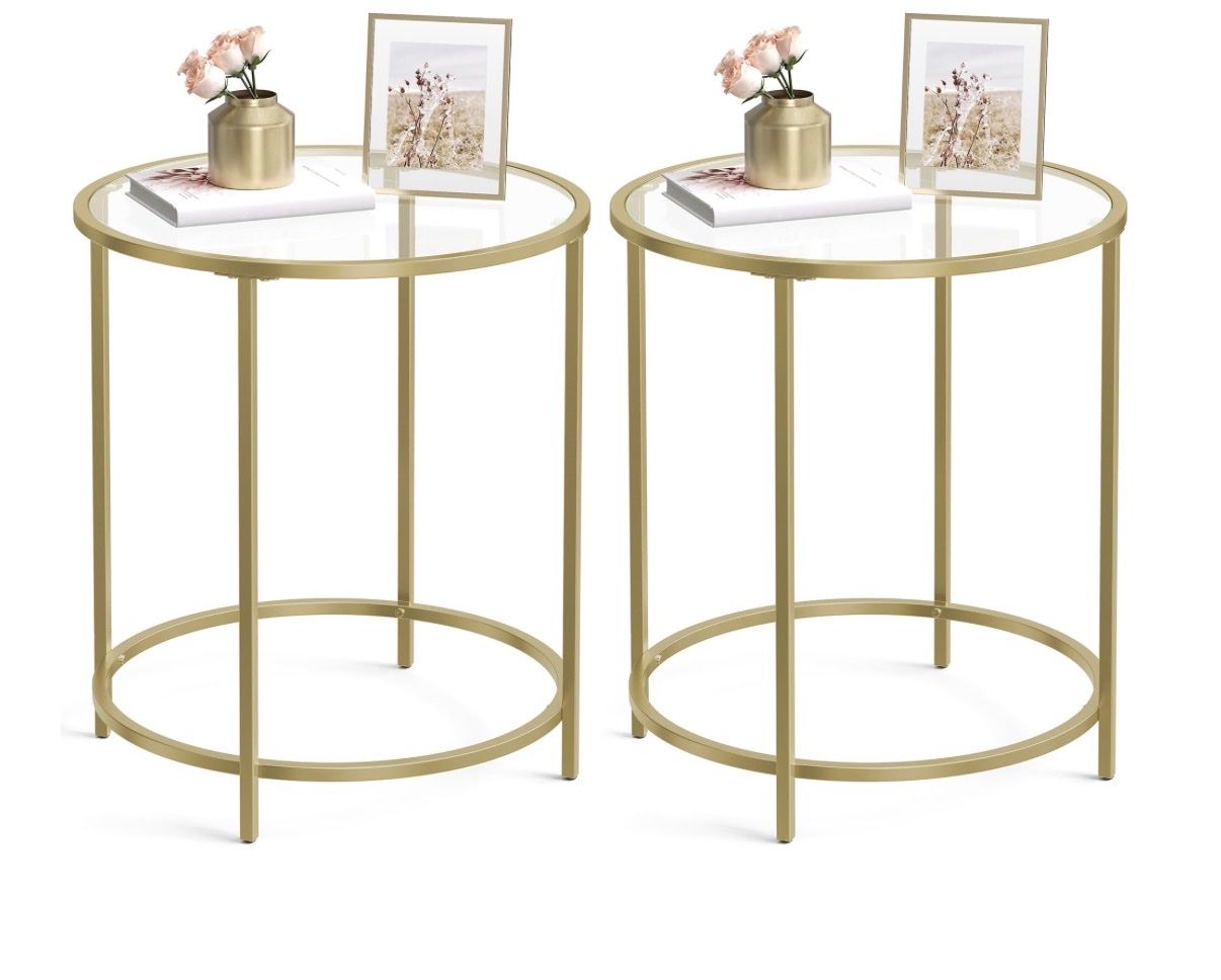 VASAGLE Gold Round End Tables (Set of 2) with Glass Top & Metal Frame, Side/Accent Tables