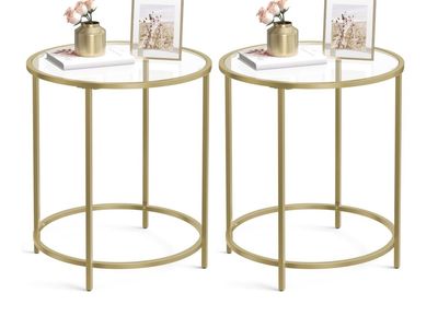 VASAGLE Gold Round End Tables (Set of 2) with Glass Top & Metal Frame, Side/Accent Tables