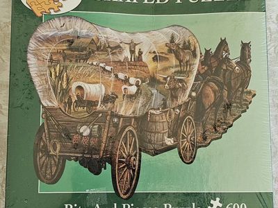 Bits and Pieces 600 Piece Covered Wagon Shaped Jigsaw Puzzle Sealed