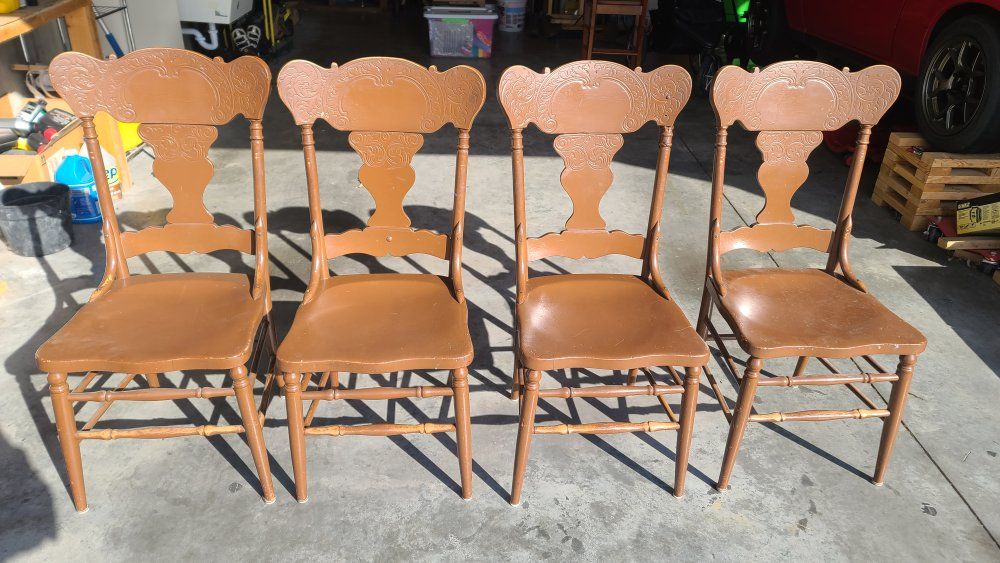 Set of 4 Vintage Wooden Dining Chairs - Brown, Ornate Backs, Used Condition