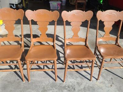 Set of 4 Vintage Wooden Dining Chairs - Brown, Ornate Backs, Used Condition