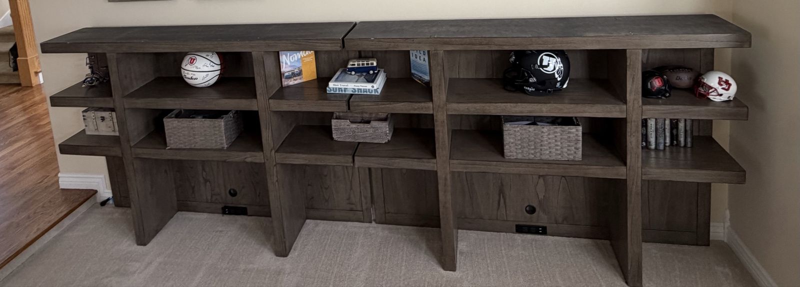 Dark Wood Modular Wall Unit with Shelves & Built-in Outlets