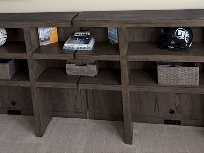 Dark Wood Modular Wall Unit with Shelves & Built-in Outlets