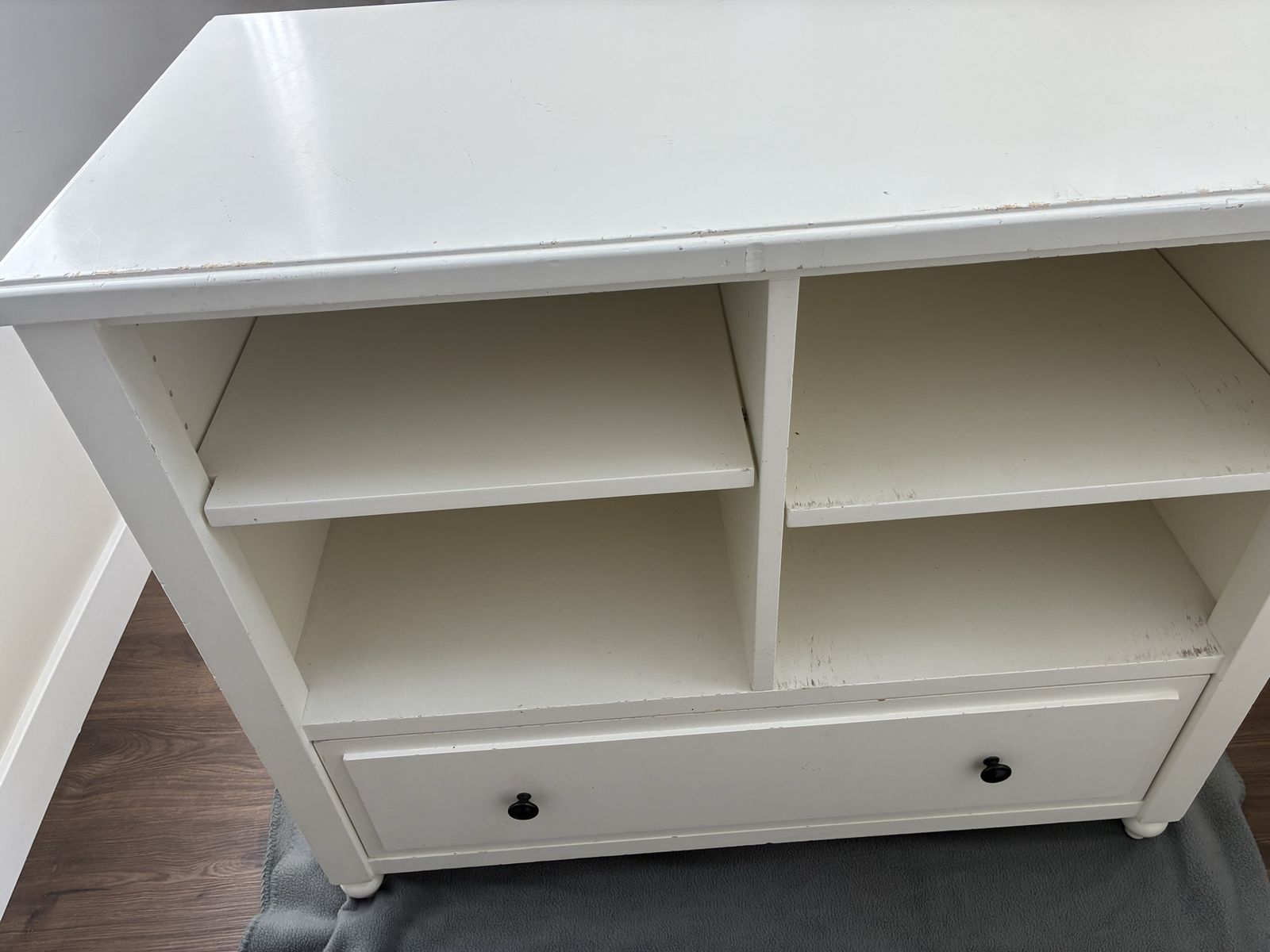 White Sturdy wooden Media Console with Open Shelves and Bottom Drawer / Shelf table with drawer. 