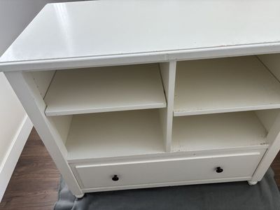 White Sturdy wooden Media Console with Open Shelves and Bottom Drawer / Shelf table with drawer.