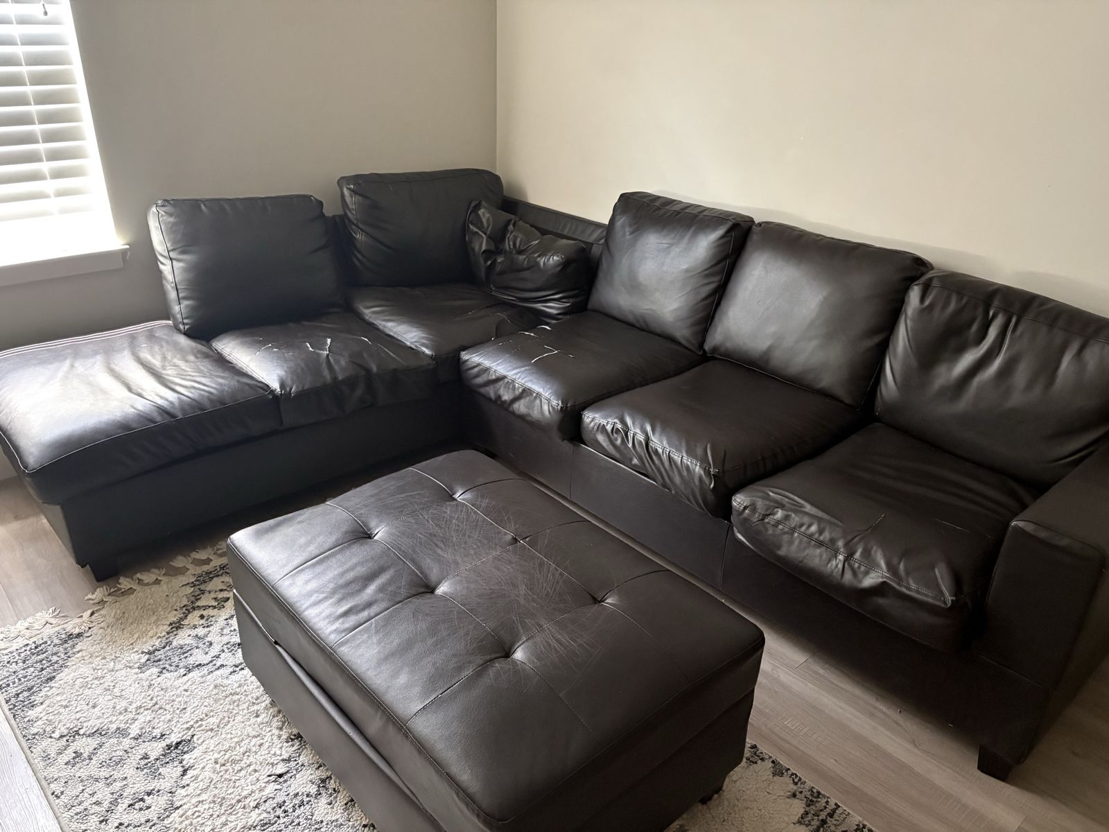 Comfortable Dark Brown Leather Sectional L-Couch with Matching Ottoman - 2 Piece