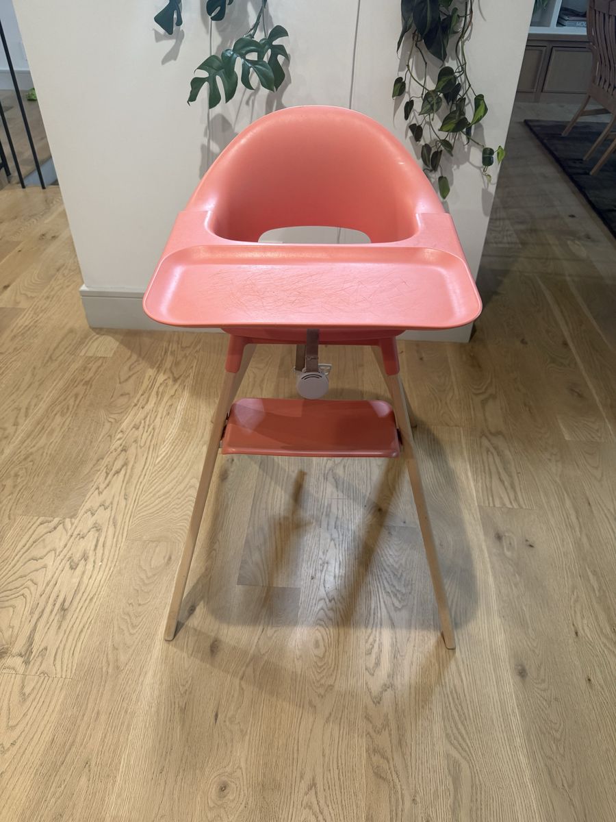 Stokke Clikk High Chair - Coral with Wooden Legs, Modern Design - Used