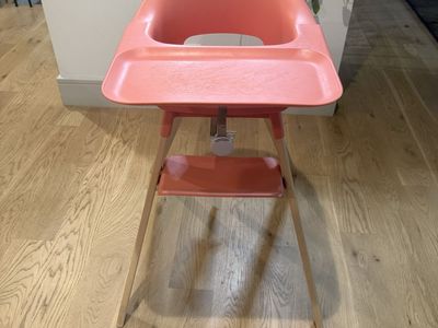 Stokke Clikk High Chair - Coral with Wooden Legs, Modern Design - Used