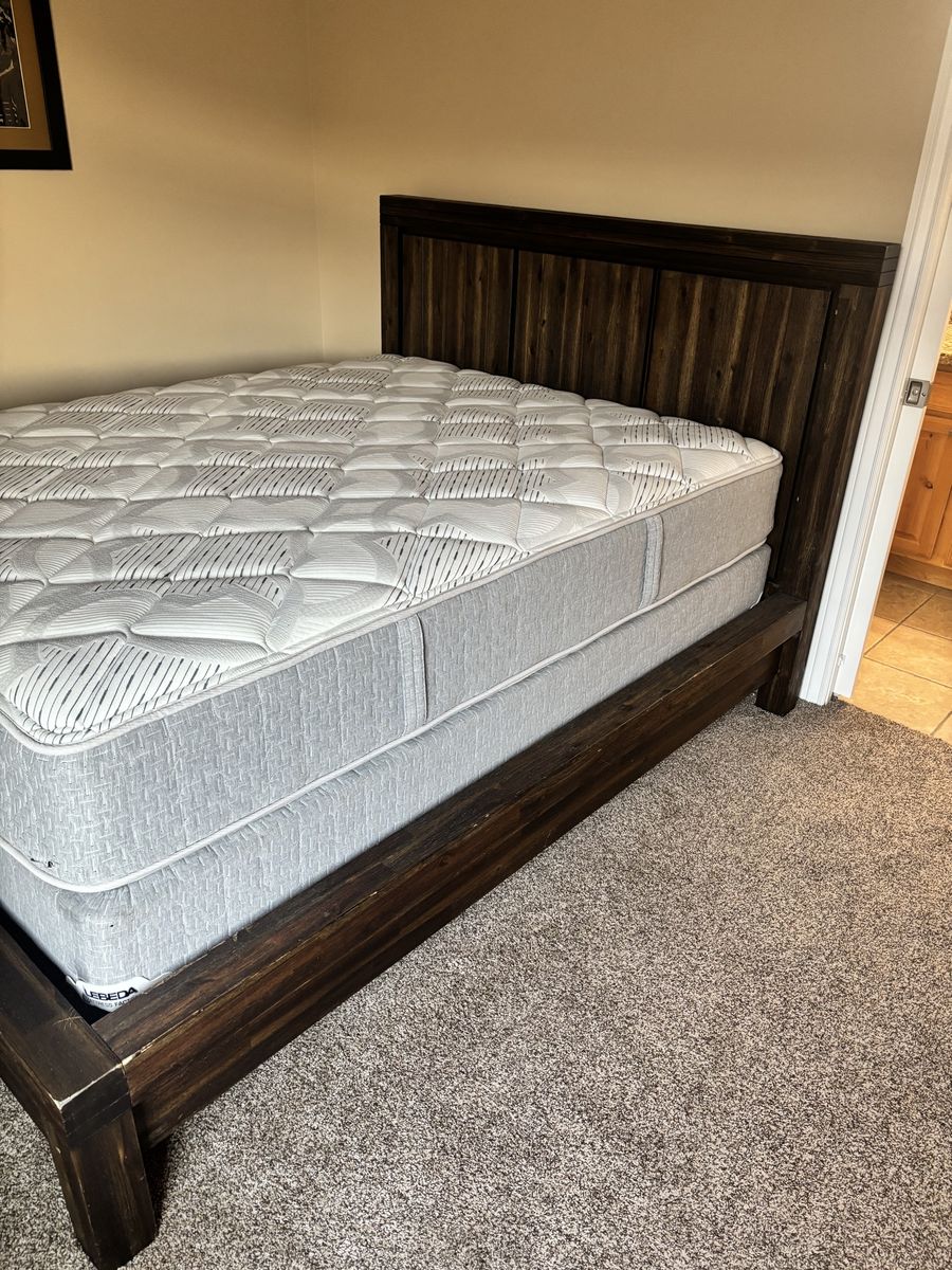 Rustic Wood Queen Bed Frame with Headboard and Mattress