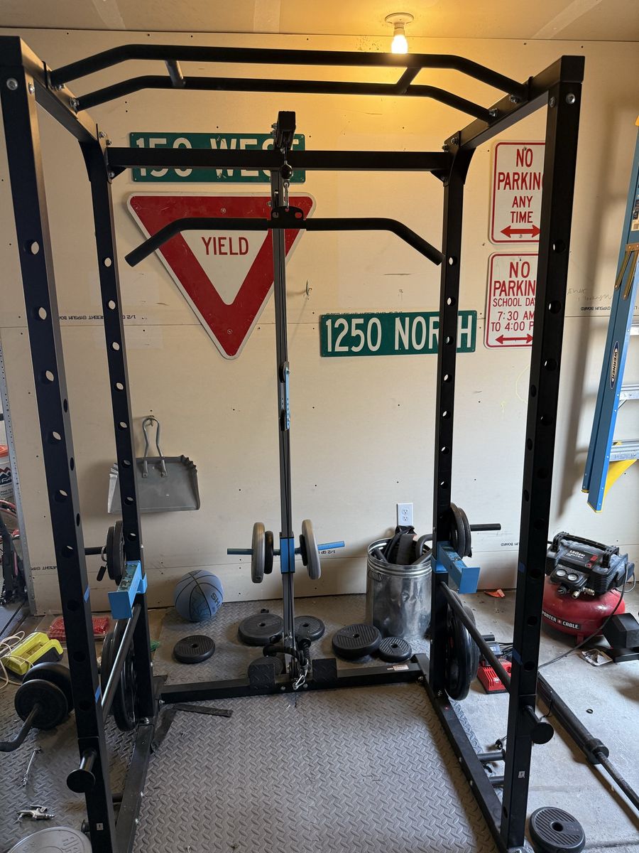 Power Cage, weights and bar.