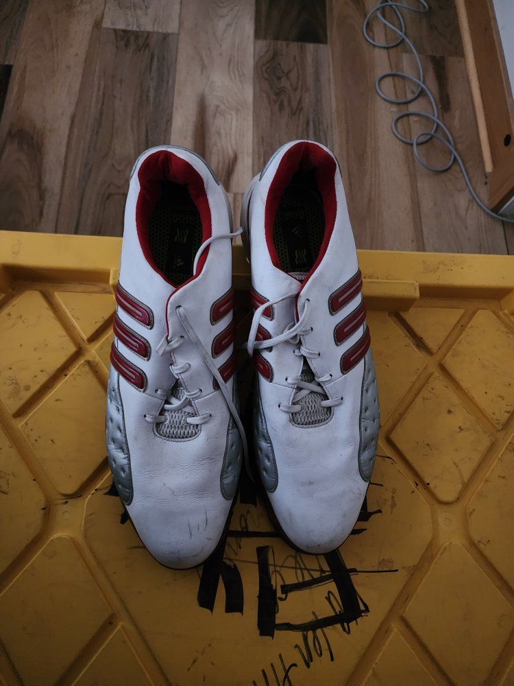 Adidas Leather Athletic Shoes - White with Red Accents - Men's US Size 14