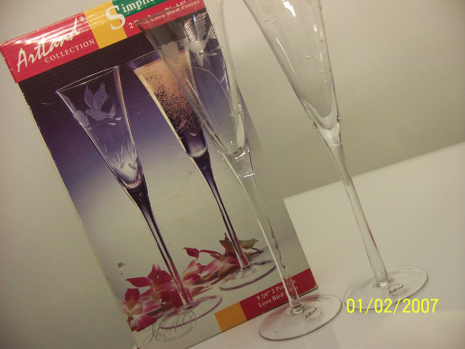Glasses, Artland Collection Champagne Flutes, Lovebirds etched in glass