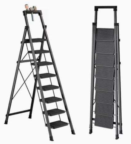 New - Step Stool w/ Tray Support, Foldable Step Ladder w Convenient Handgrip,