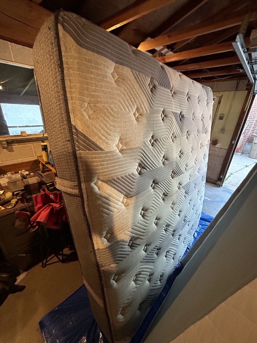 Mattress, frame and box springs set. 77 x 77” mattress. Come with dresser and mirror that attaches to dresser and lamps.