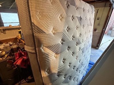 Mattress, frame and box springs set. 77 x 77” mattress. Come with dresser and mirror that attaches to dresser and lamps.