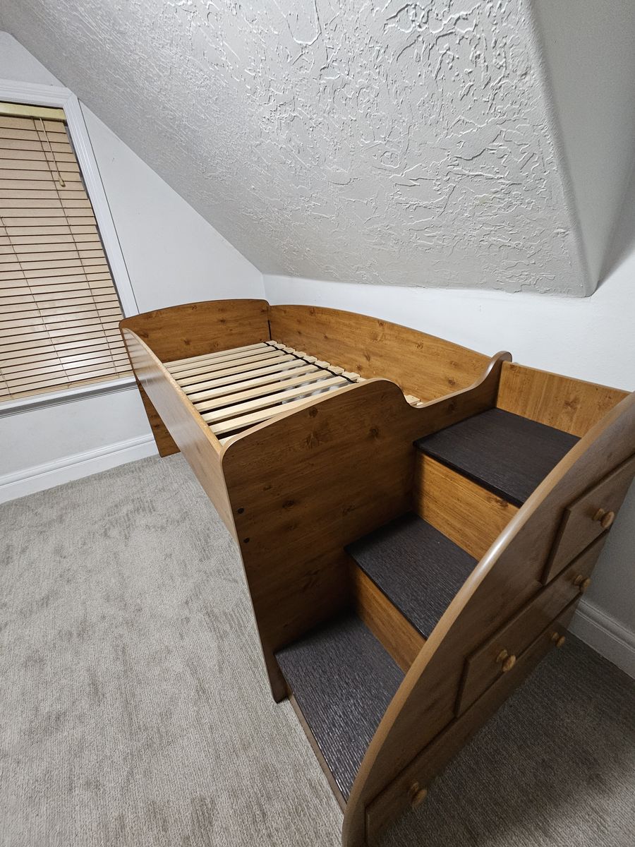Wooden Loft Bed w/ Integrated Stairs & Storage Dresser | Space-Saving Design