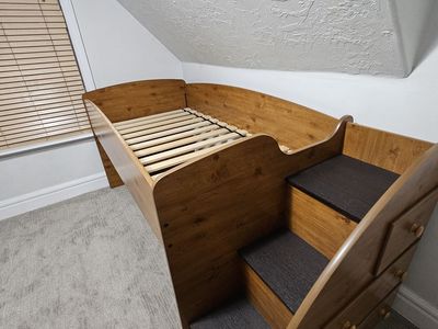 Wooden Loft Bed w/ Integrated Stairs & Storage Dresser | Space-Saving Design