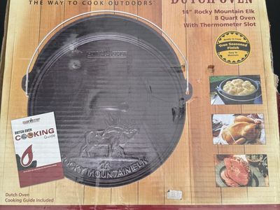 Camp Chef 14" Rocky Mountain Elk 8 Quart Cast Iron Classic Dutch Oven w/ Thermometer Slot