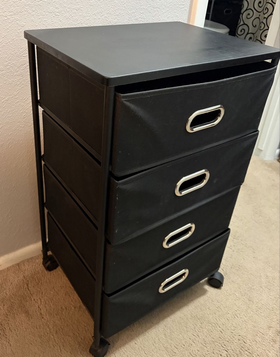 4-Drawer Rolling Storage Cart - Black Fabric Bins with Metal Frame & Wheels