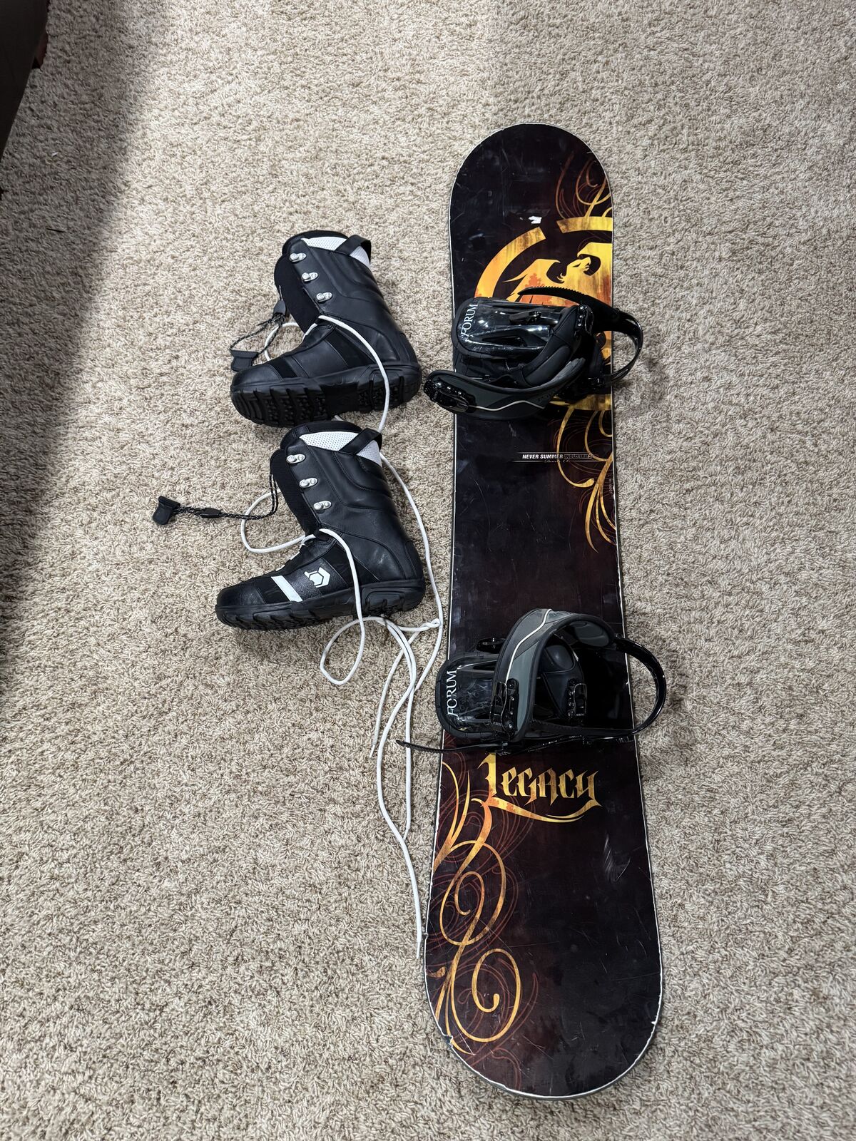 Snowboard, bindings, and boots