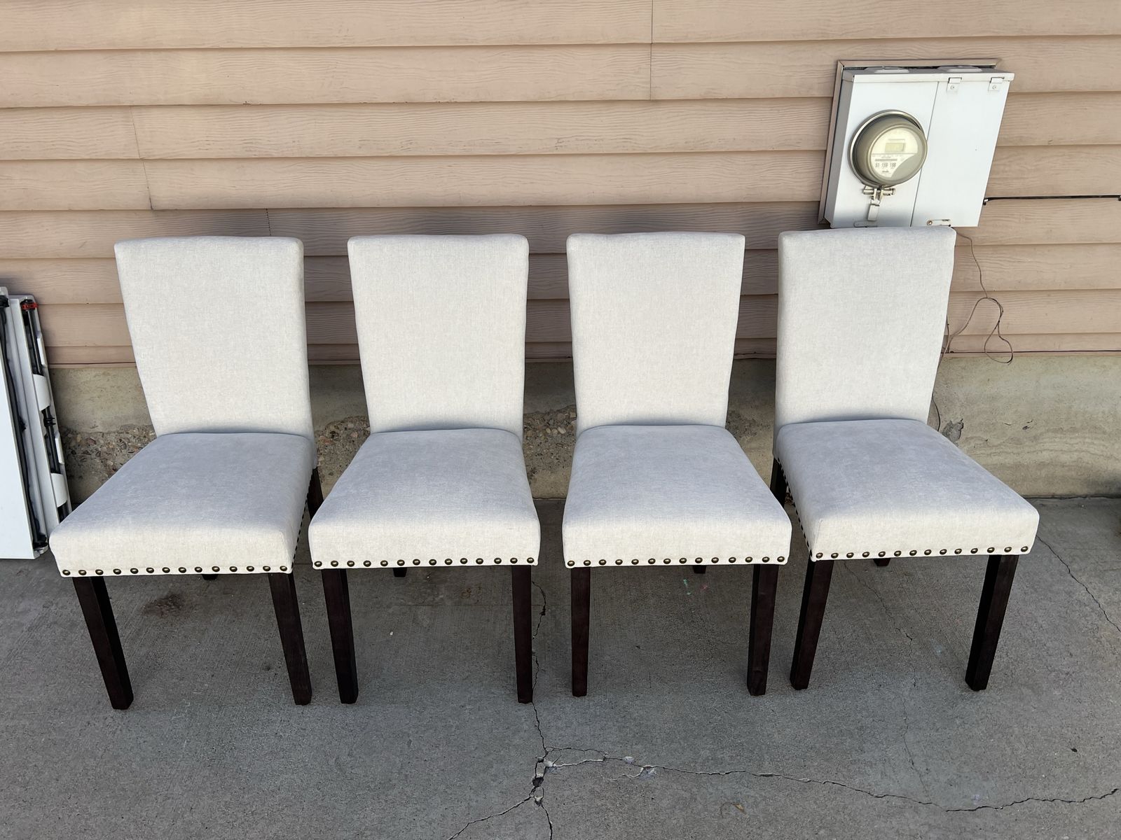 Set of 8 Upholstered Dining Chairs with Nailhead Trim and Dark Wood Legs