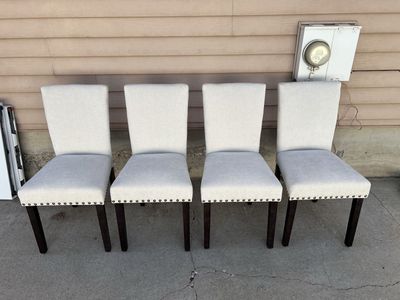 Set of 8 Upholstered Dining Chairs with Nailhead Trim and Dark Wood Legs
