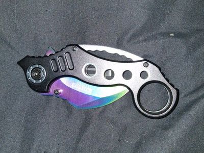 DEFENDER XTREME Rainbow Karambit Folding Knife with Finger Ring