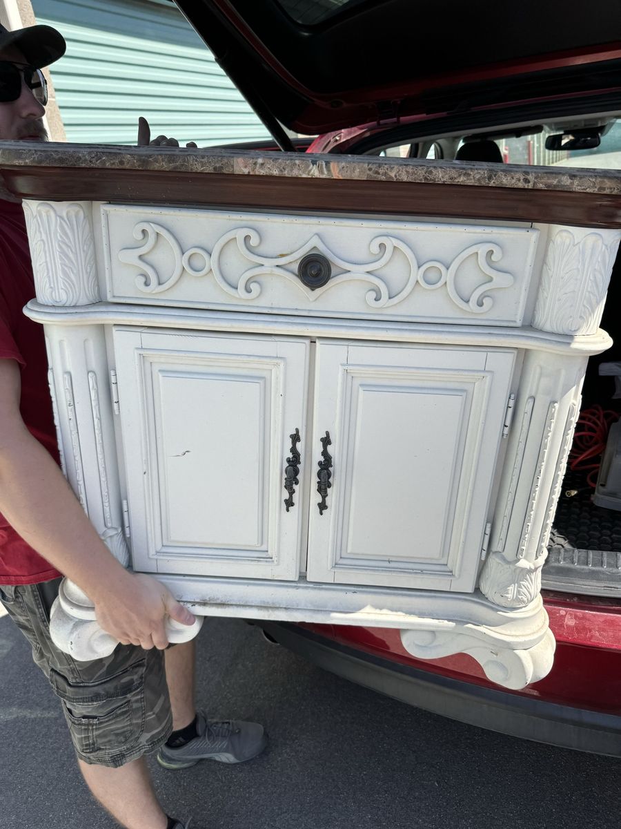 Ornate White Vanity/Nightstand w/ Marble Top - Elegant Carved Wood Storage Cabinet