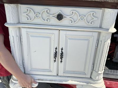 Ornate White Vanity/Nightstand w/ Marble Top - Elegant Carved Wood Storage Cabinet