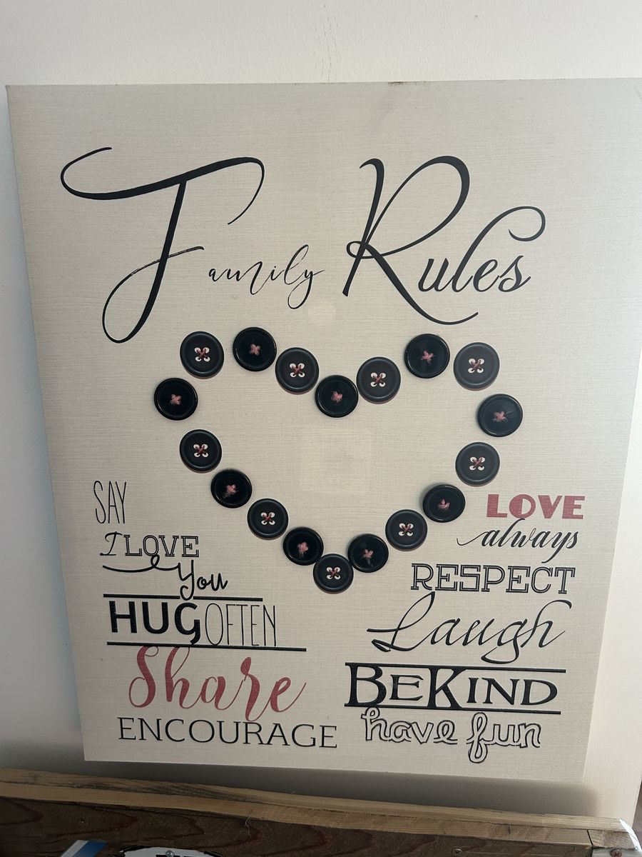 Family Rules Canvas Wall Art w/ Button Heart – Farmhouse Décor