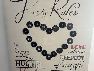 Family Rules Canvas Wall Art w/ Button Heart – Farmhouse Décor