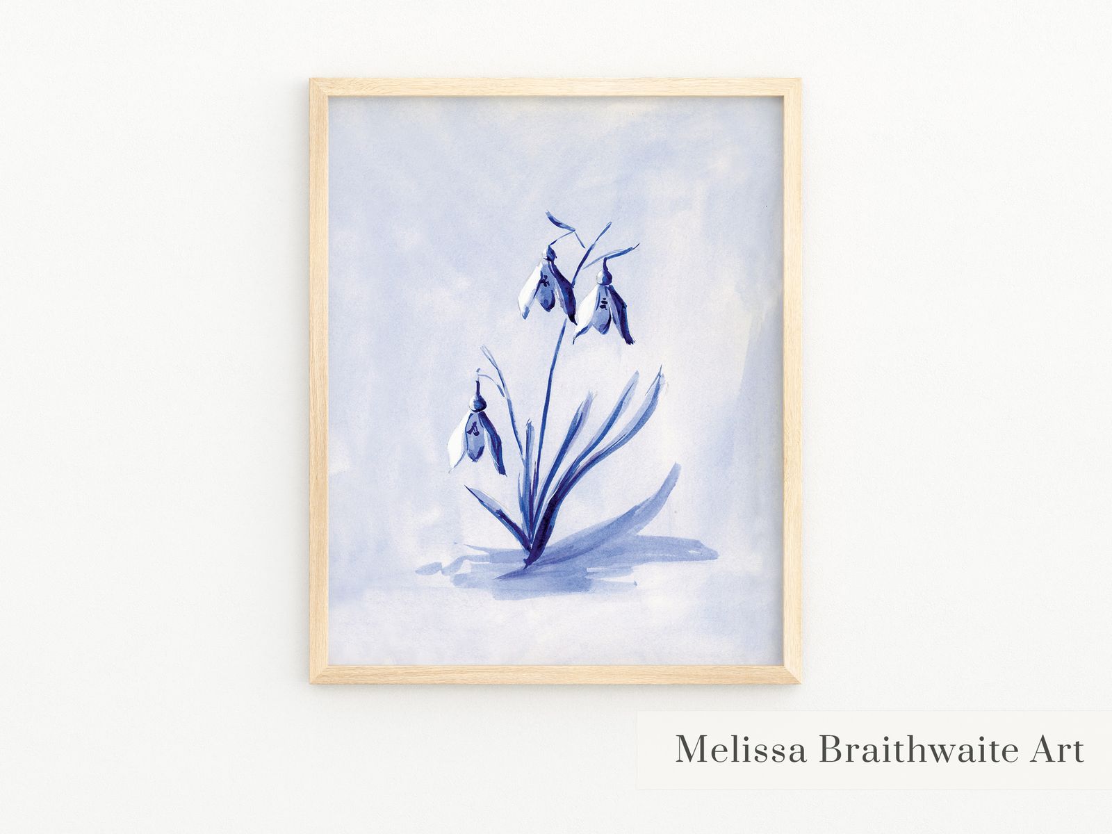 January birth month flower: Blue snowdrops wall art or sticker, watercolor art, non-ai art