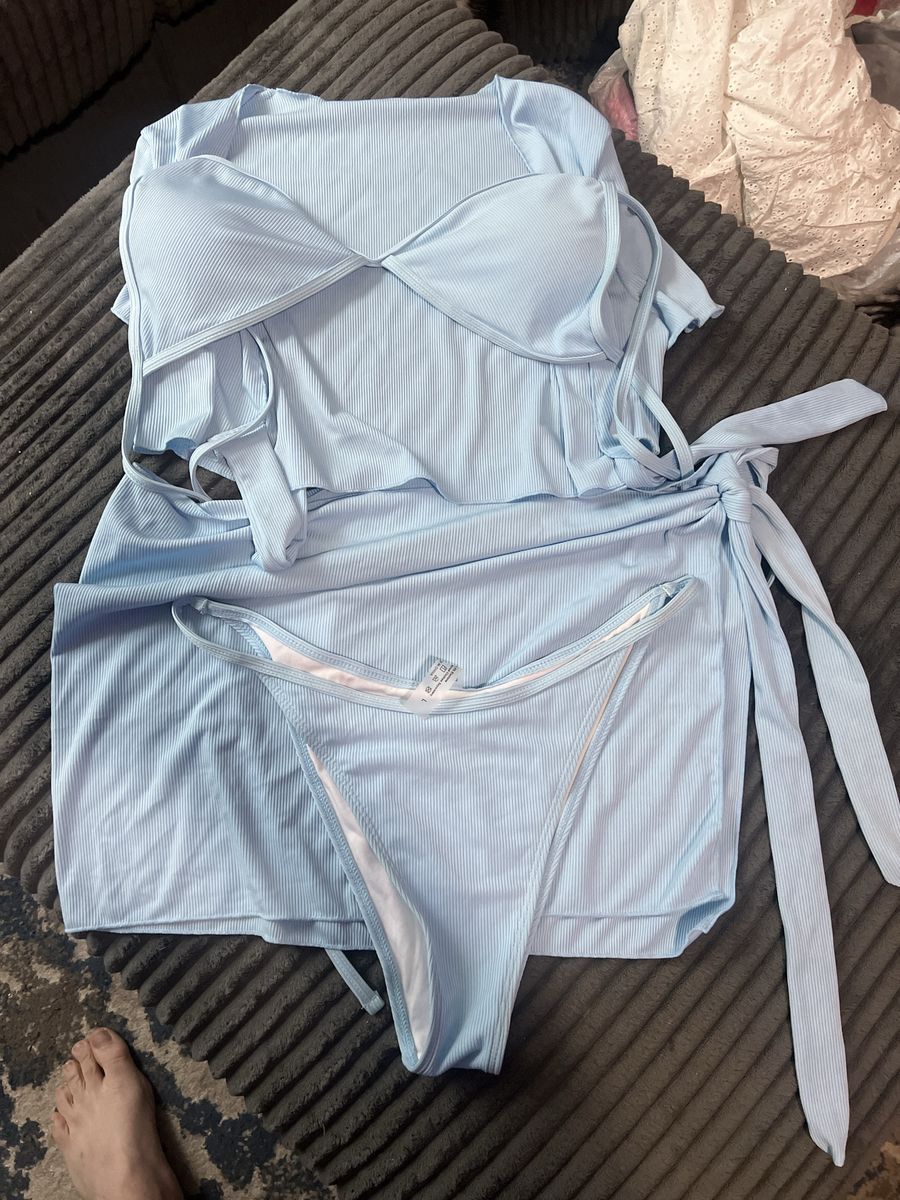 Shein Light Blue Ribbed Three-Piece Bikini Set with Cover-Up Skirt
