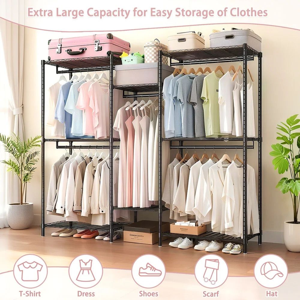 Combination Wire Wardrobe Garment Rack Metal Storage Shelving Unit - Black - New in Box
