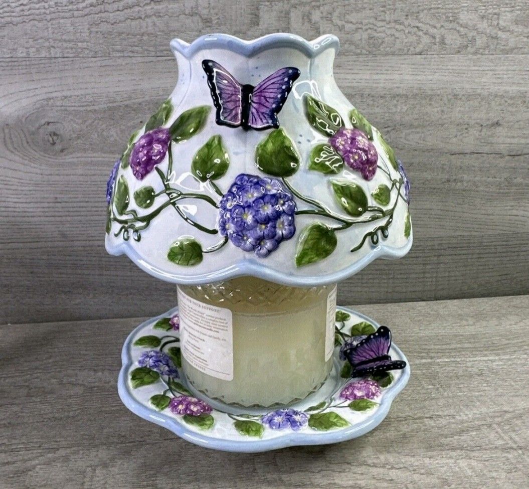 Pre-owned Salt City Jar Candle Holder Shade And Plate 3D Violets & Butterflies (NO Candle)