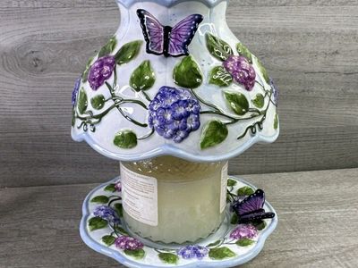 Pre-owned Salt City Jar Candle Holder Shade And Plate 3D Violets & Butterflies (NO Candle)