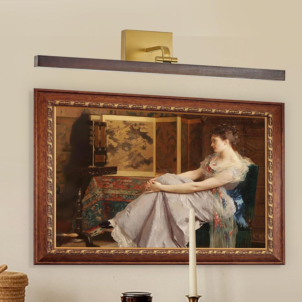27.5" LED Wood Picture Vintage Artwork Paintings Display Lighting Wall Lamp, Gold Hardwired
